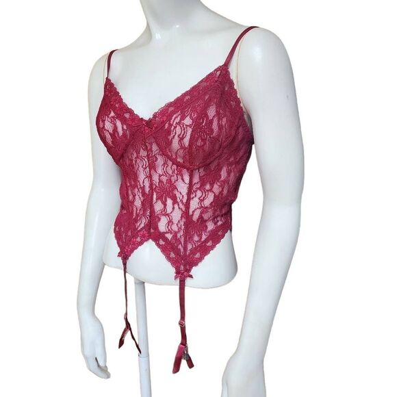 Frederick's of Hollywood Red Floral Lace Lingerie with Garter Clips (M) - Picture 1 of 5